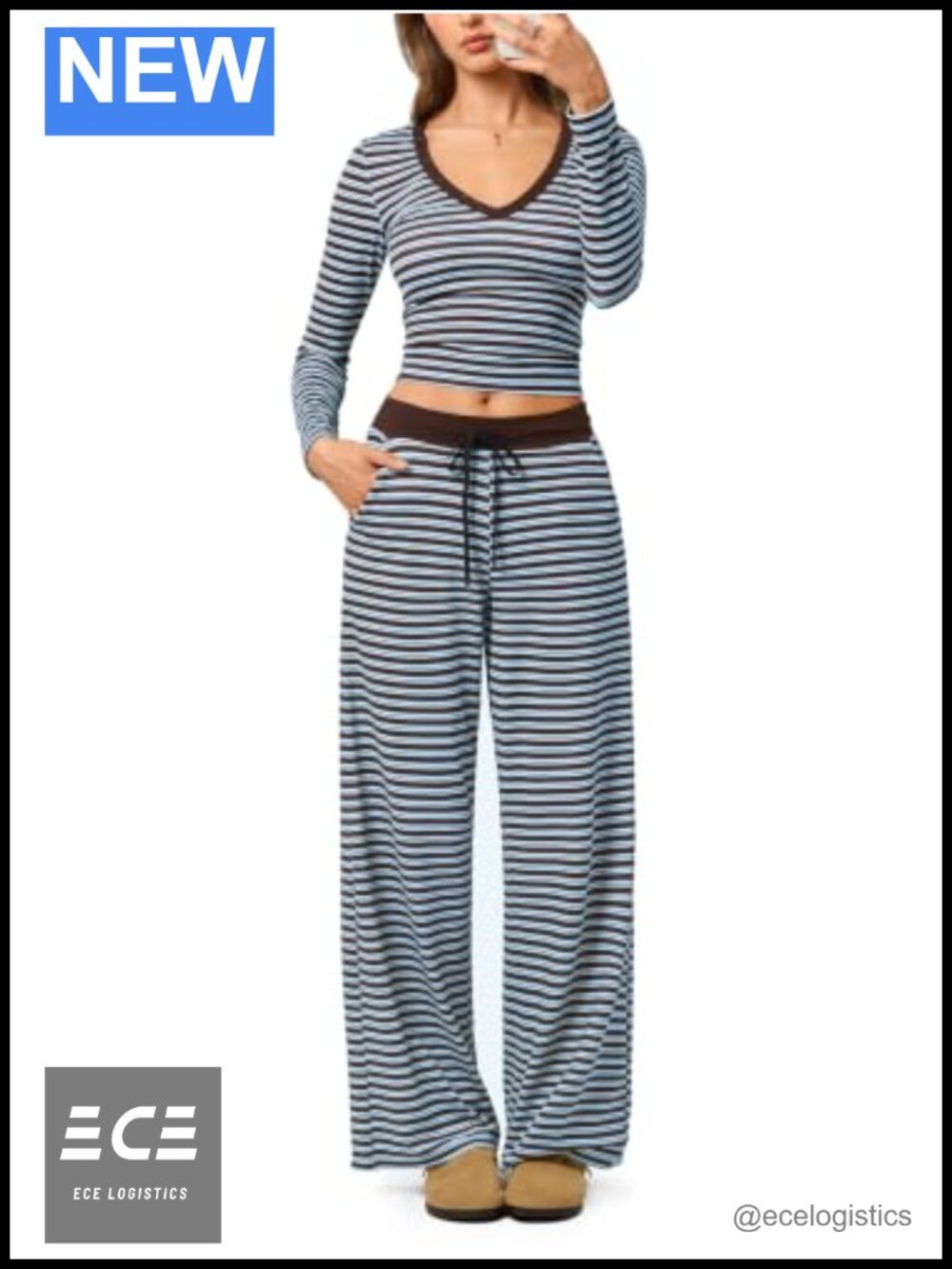 Women's Striped Lounge 2 Piece Set Button V-Neck Top Wide Leg Pants